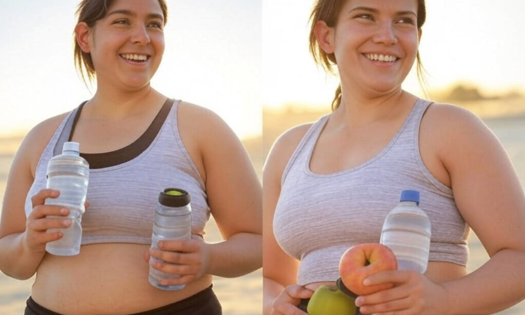 Before and after image showing skin tightening through strength training
