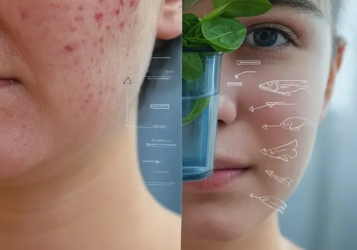 “Before and after skin with diet impact, showing acne improvement through healthy eating”