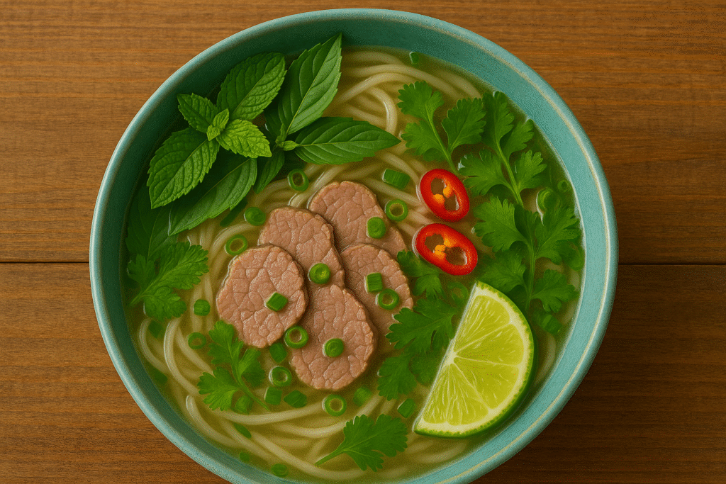 “Close-up of traditional Vietnamese pho with fresh herbs and beef in bone broth.”