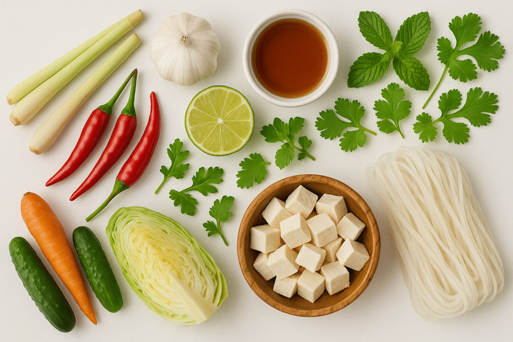 Common healthy ingredients used in Vietnamese cuisine laid out on a table