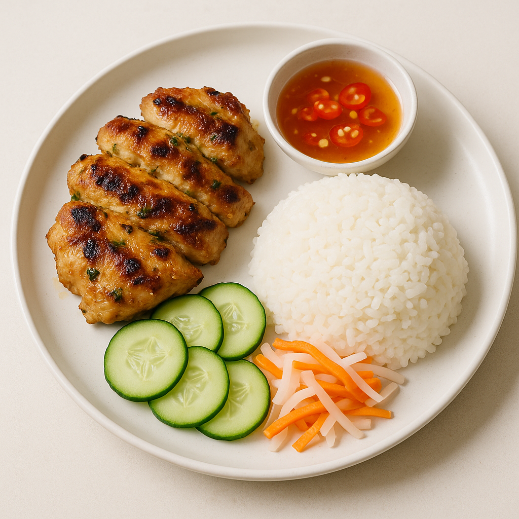 Grilled Vietnamese lemongrass chicken served with rice and vegetables