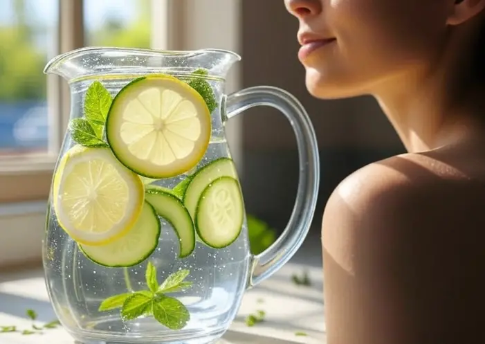 Hydrating lemon water with cucumber to support clear, healthy skin