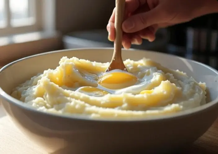 Mashed bananas being mixed with eggs and melted butter in a bowl