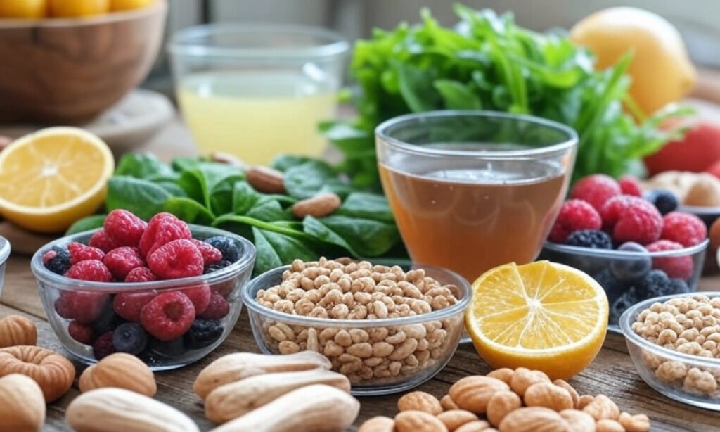 Natural collagen-boosting foods including fruits, greens, bone broth, and nuts.