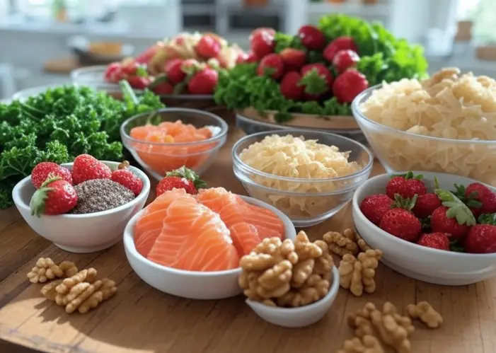 Skin-friendly foods like berries, leafy greens, salmon, and probiotics to fight acne naturally