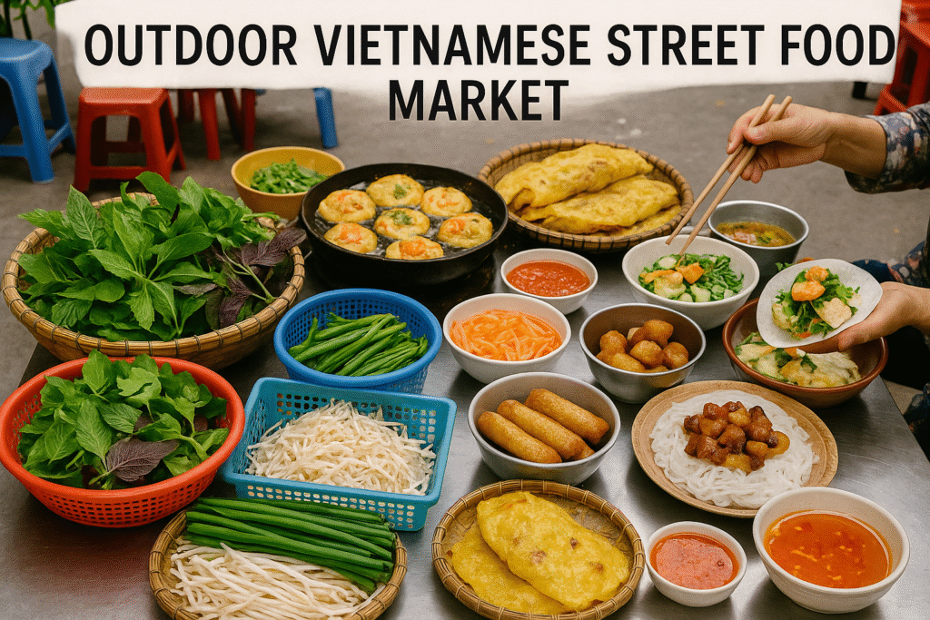 Traditional Vietnamese street food market with fresh and healthy produce