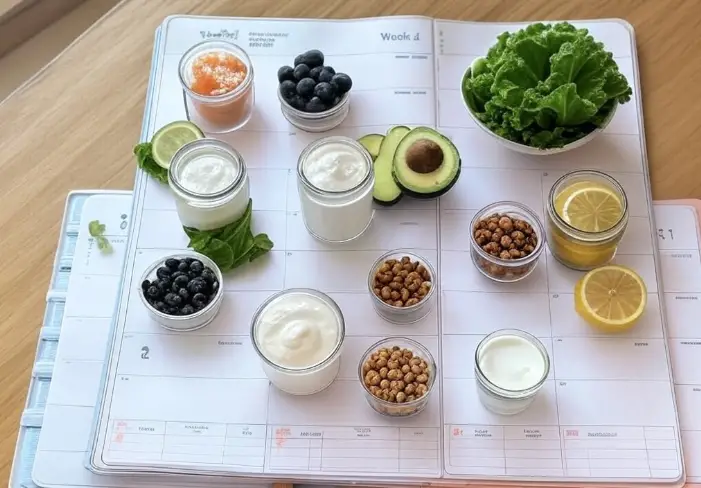 “Visual planner of 30-day diet plan for clear skin with weekly goals and meals”