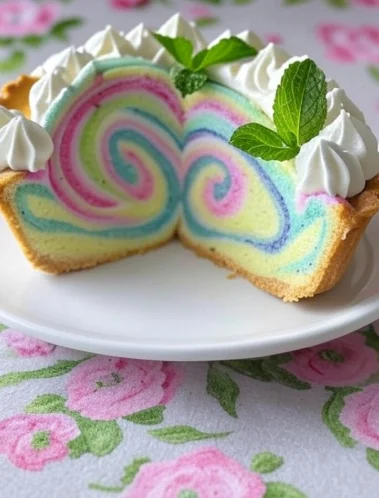 Slice of Easter swirl pie with marbled pastel cheesecake filling and golden crust, topped with whipped cream.

