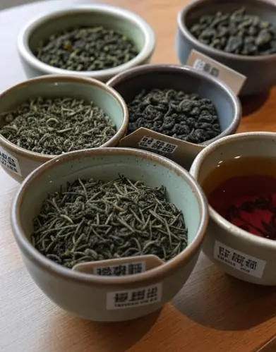 Flat-lay of five types of Chinese tea leaves with labels