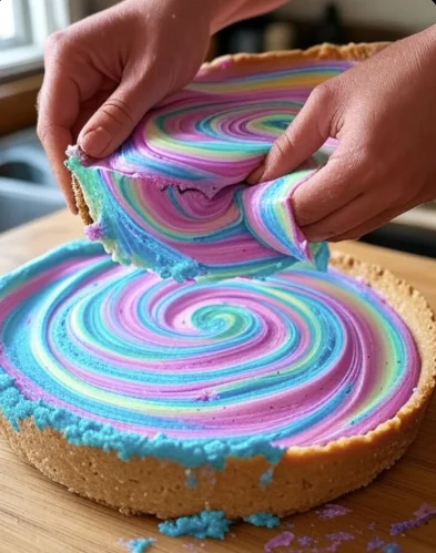 Close-up of swirling pastel cheesecake filling into a marble pattern for Easter swirl pie.

