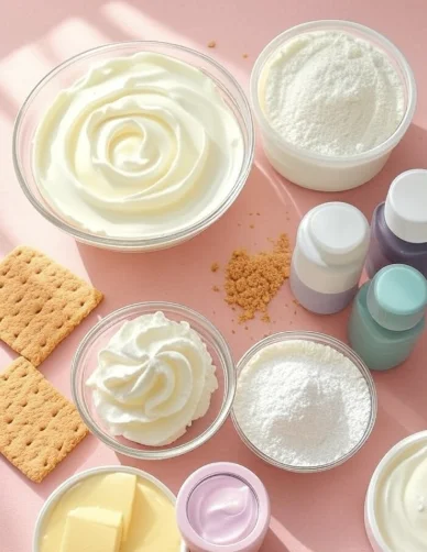 Ingredients for Easter swirl pie laid out on a pastel background including cream cheese, whipped cream, graham cracker crumbs, and colorful gel food coloring.

