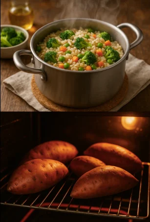 "Healthy cooking methods for rice and potatoes: steaming and baking"