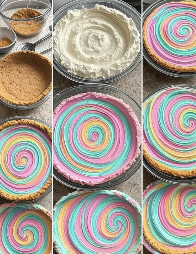 Step-by-step process of making Easter swirl pie, including preparing crust, mixing filling, coloring swirls, and assembling the pie.

