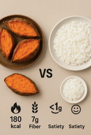 "Sweet potatoes and white rice side-by-side comparison for weight loss nutrition"