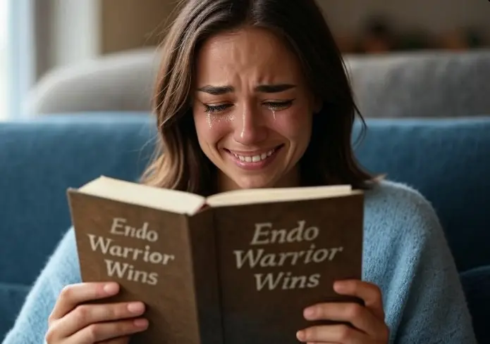 “Smiling woman tearfully holding endometriosis journal”