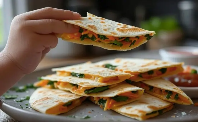 Cheese quesadilla with hidden vegetables and a side of salsa.