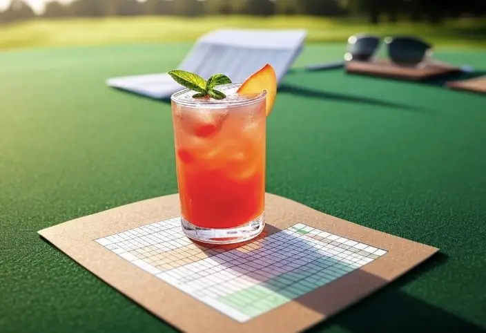 “Traditional transfusion cocktail on a golf course table with lime garnish.”
