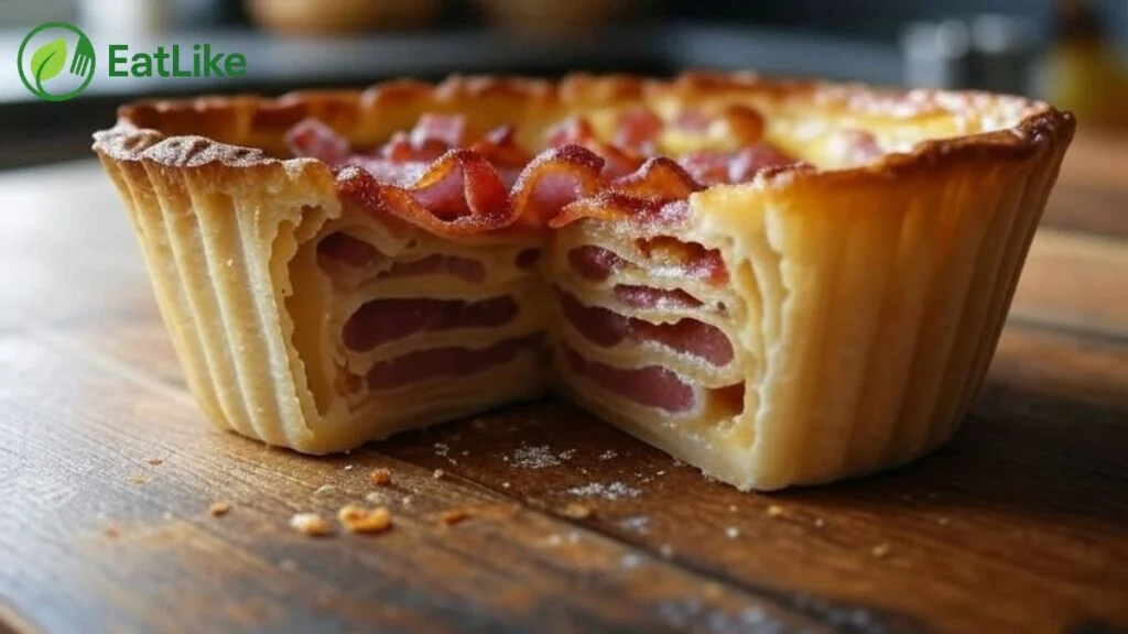 Cross-section of a bacon savoury tart showing its custard filling and bacon bits.