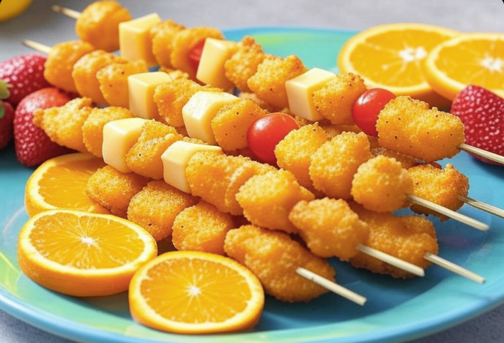 Colorful chicken nugget skewers with veggies and cheese.