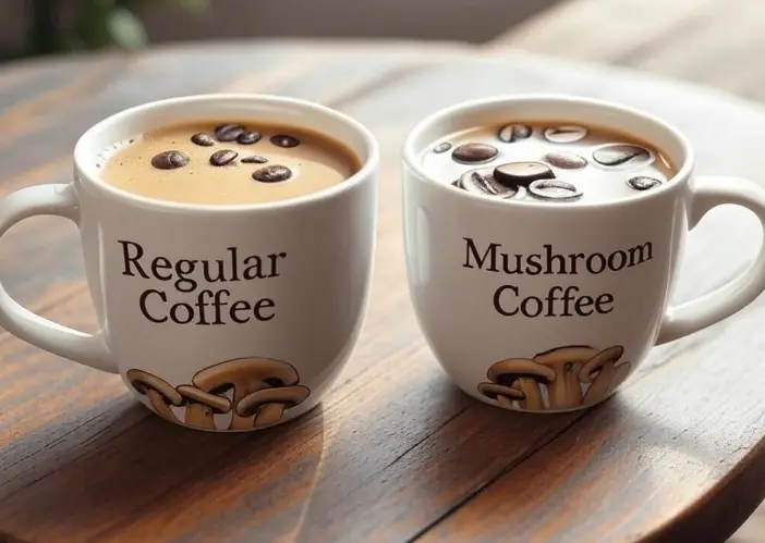 Comparison of mushroom coffee and regular coffee showing ingredients and health benefits