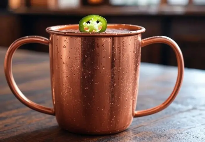 “Spicy transfusion cocktail in a copper mug with jalapeño garnish.”