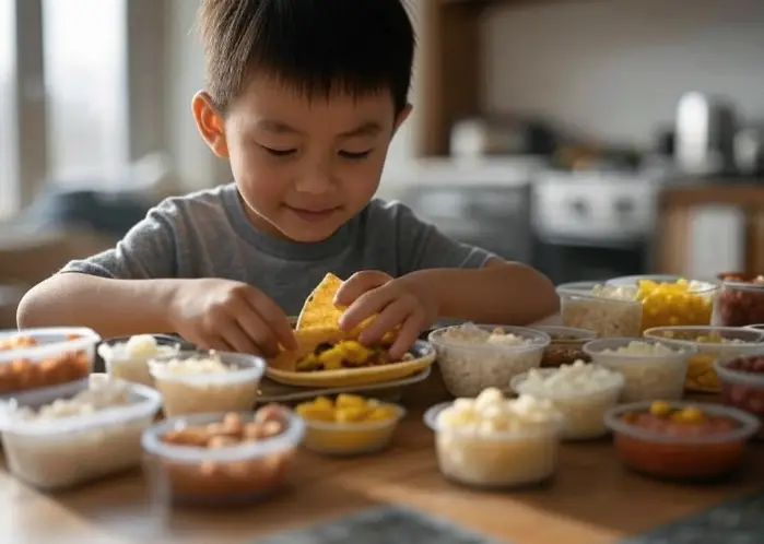 DIY taco bowl ingredients laid out for a kid to create their own lunch.
