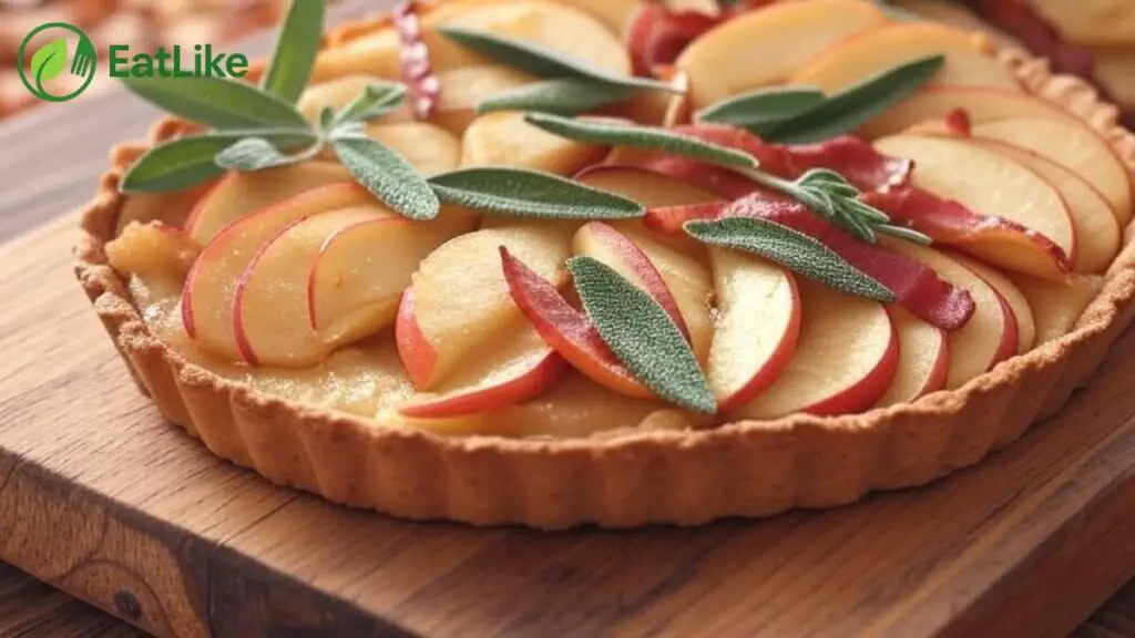 Apple and bacon tart with sage.
