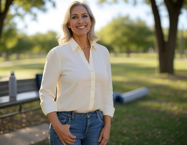 Fit woman in her 50s doing home-friendly workouts like walking or bodyweight stretches