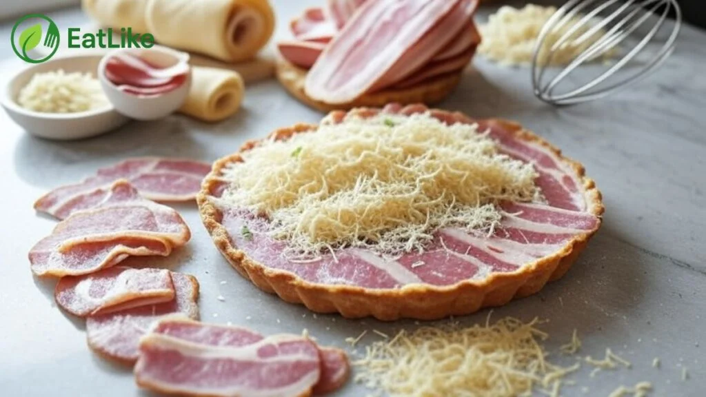 Key ingredients for making a bacon savoury tart arranged neatly.