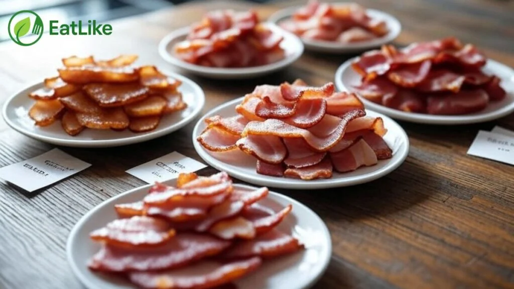 Thick-cut bacon, pancetta, turkey bacon, and maple-cured bacon laid out on plates.