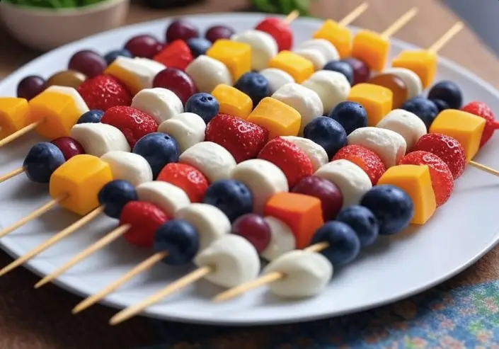 Fruit and cheese kabobs arranged in fun, colorful patterns.