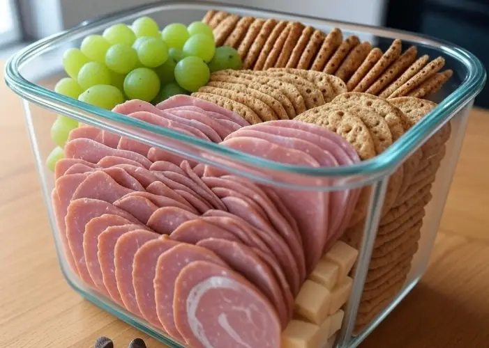Homemade lunchable with crackers, turkey slices, cheese, and fruit.