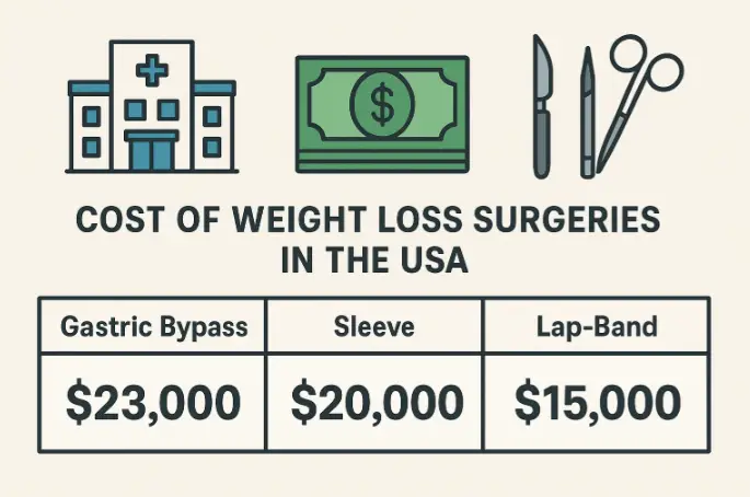 Infographic showing the cost comparison of weight loss surgeries in the USA.