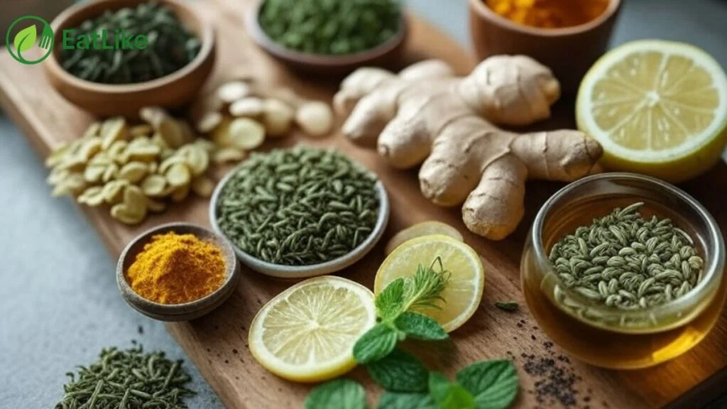 Ingredients for the 2025 lemon balm tea recipe lemon balm, green tea, cinnamon, ginger, and more.