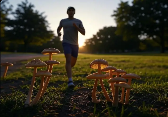 Jogger running at sunrise with Cordyceps mushrooms symbolizing metabolism boost
