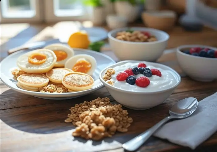Kid-friendly breakfast lunch with pancakes, yogurt, and eggs.