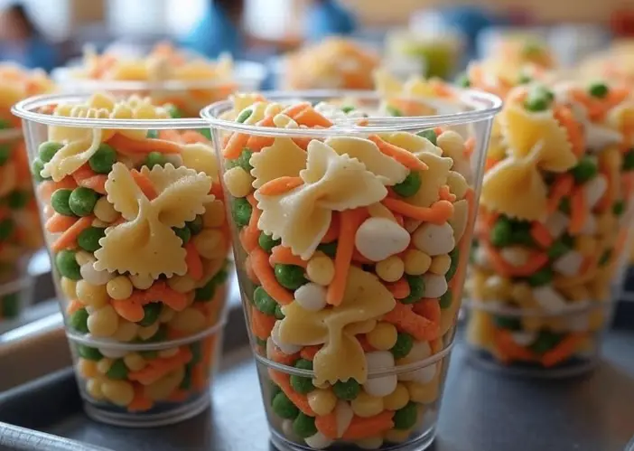 Kid-sized pasta salad cups with colorful veggies and cheese.