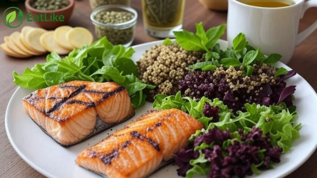 Lemon balm tea paired with a high-protein, low-sugar fat-burning meal.
