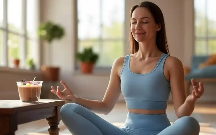 “Woman doing yoga with smoothie bowl beside her”