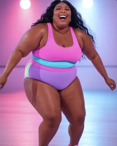 Lizzo dancing energetically during a workout, embodying fun and fitness.