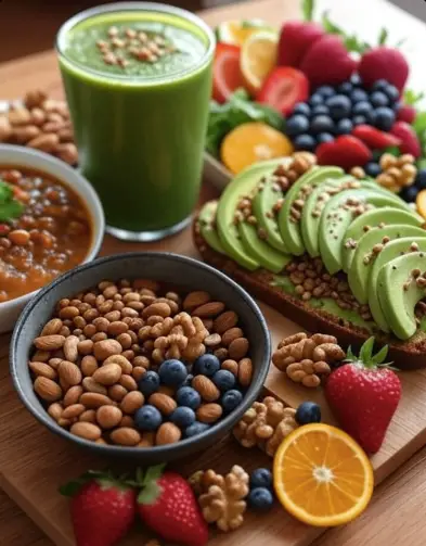 Lizzo-inspired vegan meal with colorful, healthy plant-based foods.