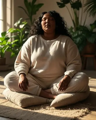 Lizzo meditating in a serene space, highlighting her focus on mental wellness.
