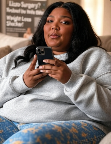 Lizzo reviewing social media on her phone surrounded by gossip headlines.