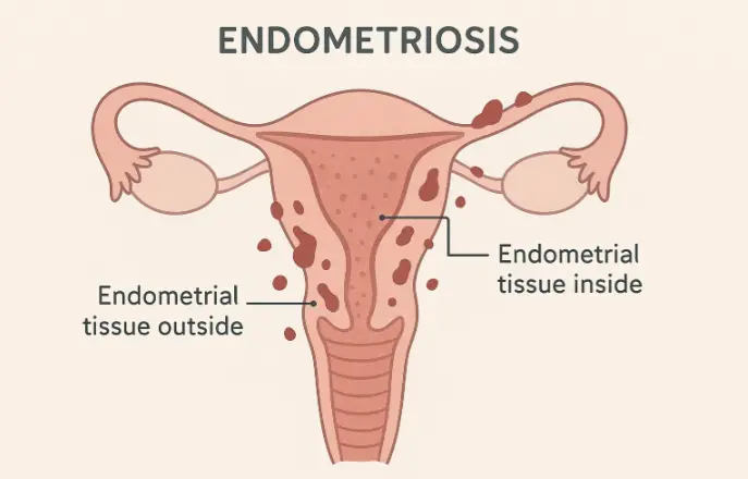 Illustration of endometriosis showing misplaced tissue around uterus