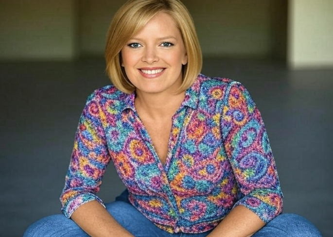 Melissa Peterman as Barbra Jean in Reba sitcom, wearing colorful outfit and smiling widely
