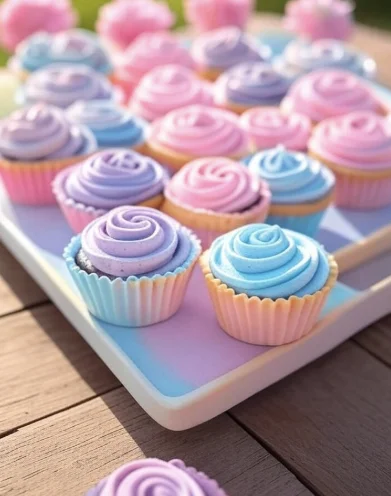 Mini Easter swirl pies with pastel marbled filling in individual liners, perfect for parties.

