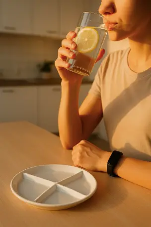 Drinking lemon water in the morning with portion plate
