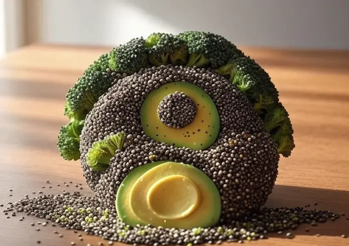 “Creative layout of hormone-balancing foods shaped like a molecule”