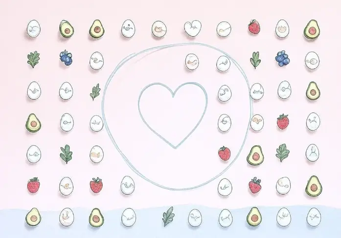 "Fertility-focused 28-day meal calendar with nutritious food icons."
