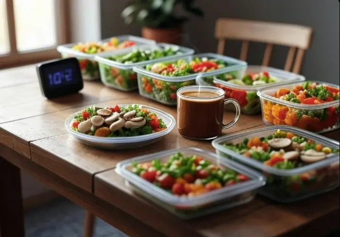 Mushroom coffee with intermittent fasting setup and healthy meal prep containers